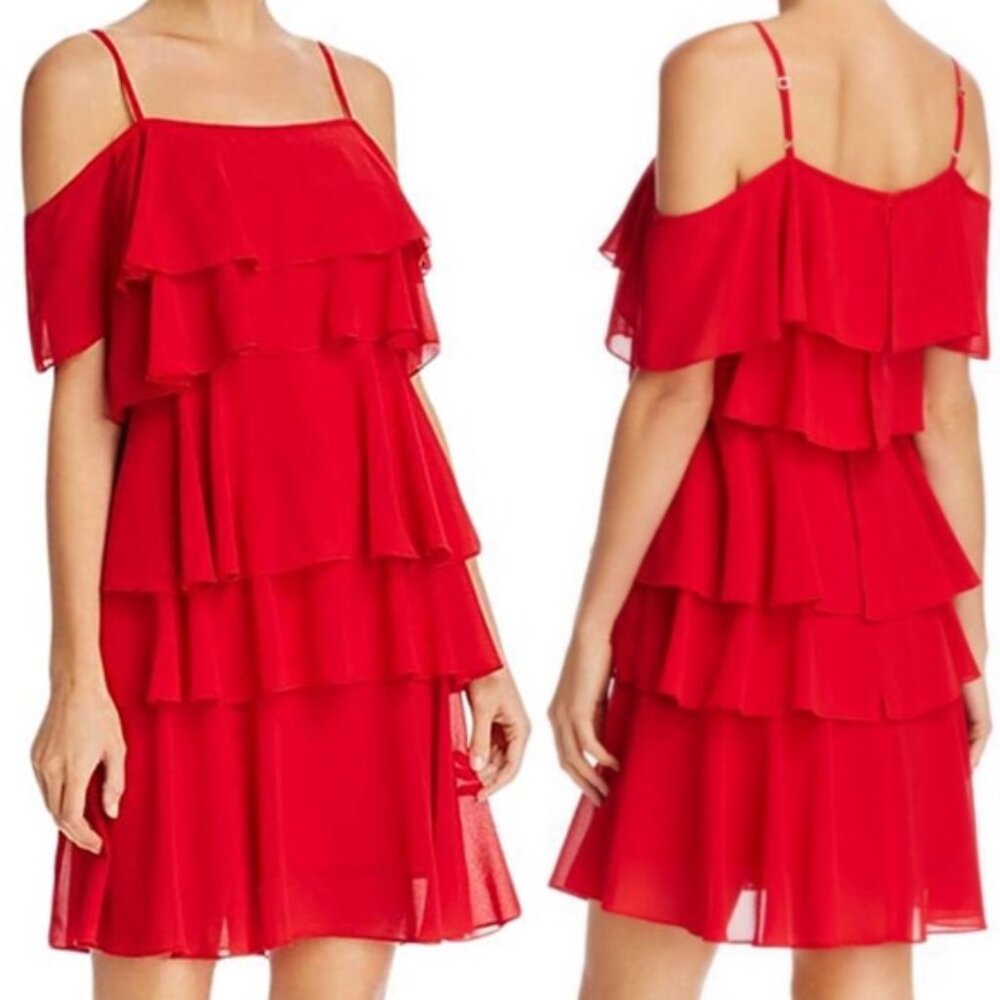 Nanette Lepore Red Tiered Cold-Shoulder Mini Dress